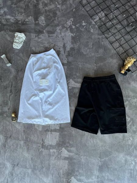 Мужской летний костюм Stone Island Футболка Шорты черно-белый с патчем Стон Айленд Моло-45A-6 фото