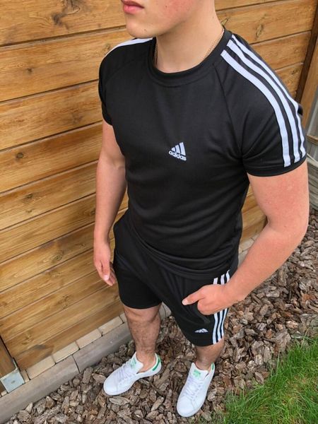Мужская футболка Adidas черная с полосами Адидас с лампасами Мой-61/Хар-846 (коп3) фото