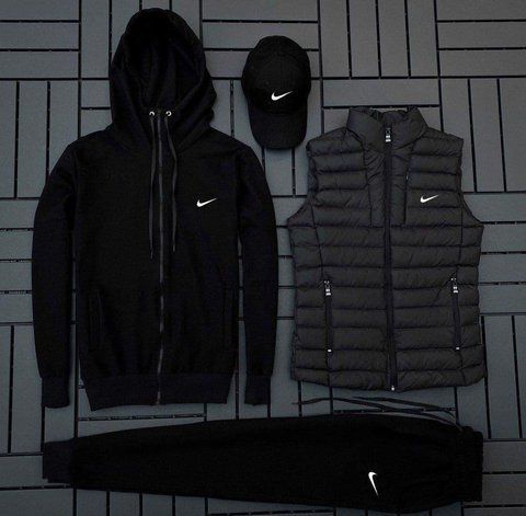 Мужской спортивный костюм Nike 4в1 черный Комплект Найк Худи Штаны Кепка Жилетка Мой-64 фото