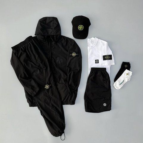 Мужской спортивный костюм Stone Island 7в1 Комплект Стон Айленд Ветровка Штаны Футболка Шорты Кепка черный Will-SS0078 фото