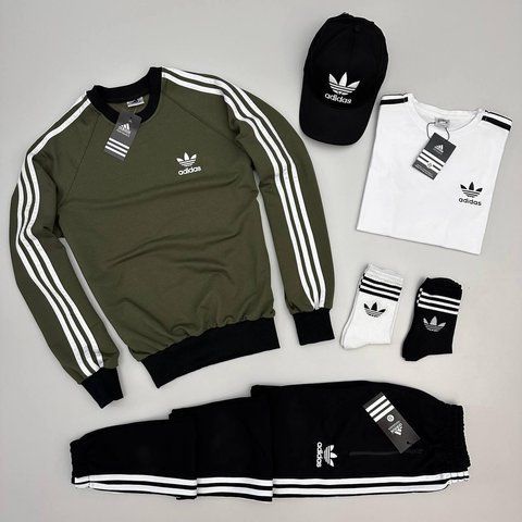 Мужской костюм Adidas 4в1 без капюшона хаки Набор Адидас Свитшот Штаны Футболка Кепка Хар-148 1 фото