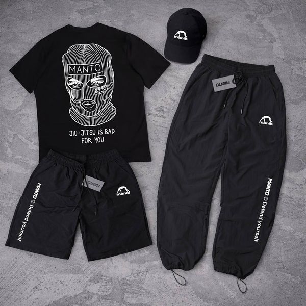 Мужской летний костюм Manto Jiu Jitsu Футболка Штаны Шорты Кепка белый с черным Комплект Манто Ads-312 фото
