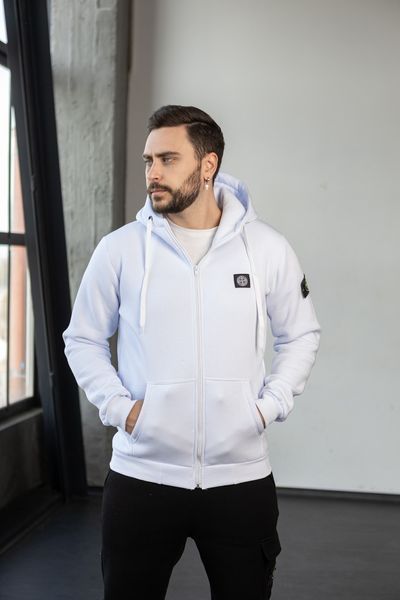 Мужская зимняя кофта Stone Island с патчем белая Зип худи Стон Айленд на молнии Хар-339 фото