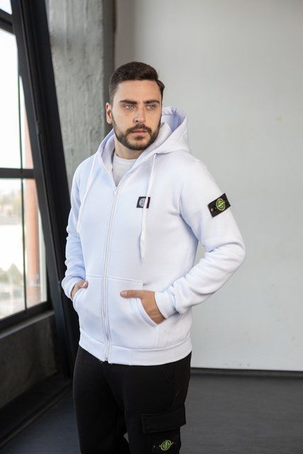 Мужская зимняя кофта Stone Island с патчем белая Зип худи Стон Айленд на молнии Хар-339 фото