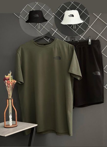Мужской летний костюм The North Face Футболка Шорты комплект ТНФ хаки с черным Rap-RD179/RD211 фото