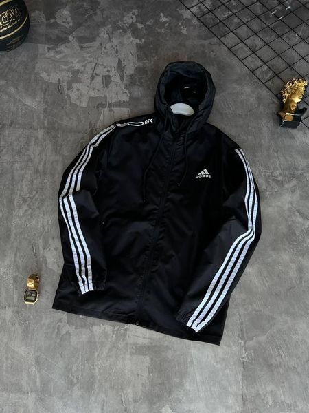 Мужская ветровка Adidas черная с капюшоном Куртка Адидас из плащевки демисезонная Моло-Nik45 фото