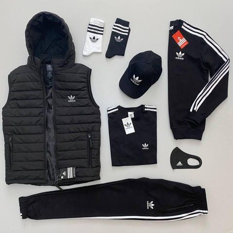Мужской костюм Adidas 5в1 хаки с черным Комплект Адидас Жилетка Футболка Кепка Мой-67 фото