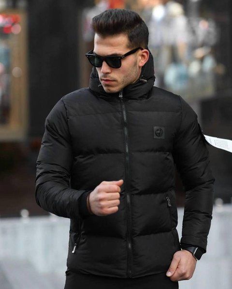 Мужская зимняя куртка Stone Island черная Пуховик Стон Айленд с капюшоном Хар-263 фото