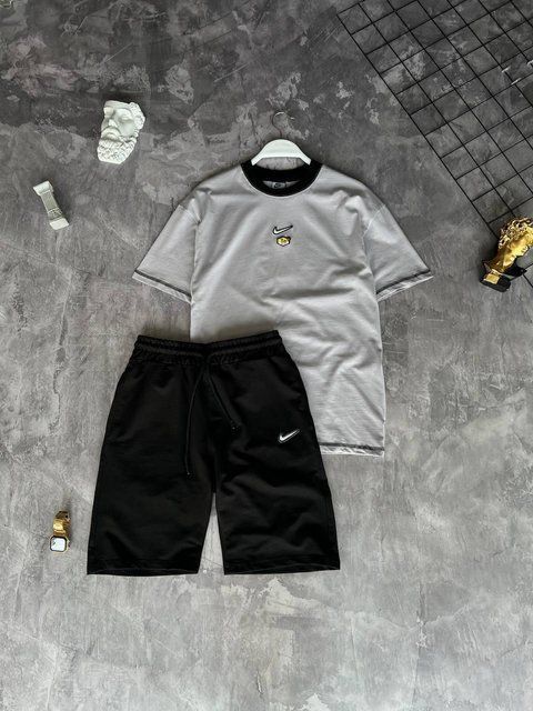 Мужской летний костюм Nike Футболка Шорты черный с серым комплект Найк моло-k-57 фото