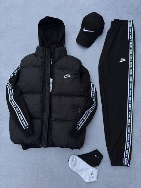 Мужской спортивный костюм Nike черный с лампасами Комплект Найк Жилетка Кепка Хар-601 фото