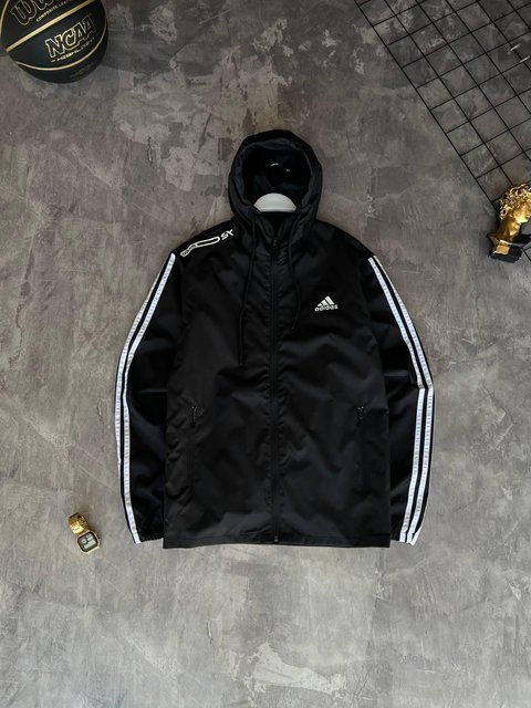 Мужская ветровка Adidas черная с капюшоном Куртка Адидас из плащевки демисезонная Моло-Nik45 фото