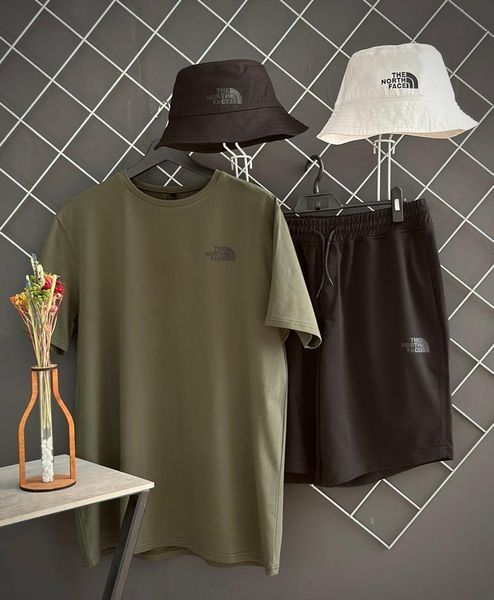 Мужской летний костюм The North Face Футболка Шорты комплект ТНФ хаки с черным Rap-RD179/RD211 фото