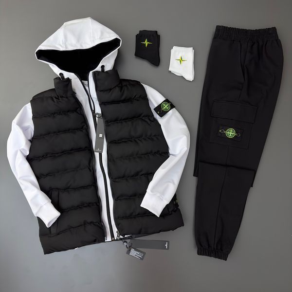 Мужской спортивный костюм Stone Island с капюшоном черный с хаки Комплект Стон Айленд Жилетка Зип худи Штаны Хар-391 фото