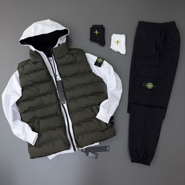 Мужской спортивный костюм Stone Island с капюшоном черный с хаки Комплект Стон Айленд Жилетка Зип худи Штаны Хар-391 фото