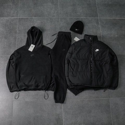 Мужской зимний костюм Nike 3в1 плюшевый черный Комплект Найк Костюм Пуховик Шапка Ads-582 фото