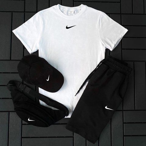 Чоловічий літній костюм Nike Футболка Шорти Кепка Барсетка білий із чорним комплектом Найк Hot-144 фото