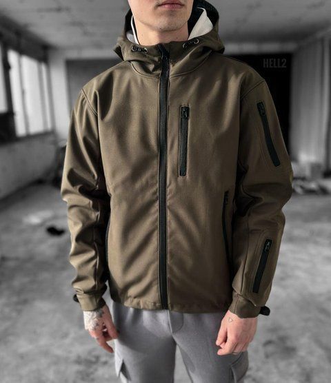 Мужская куртка из Soft Shell с капюшоном хаки Ветровка водонепроницаемая демисезонная Smm-hell2 фото