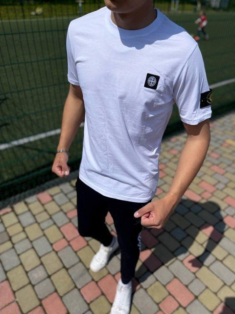 Мужская футболка Stone Island белая с патчем хлопковая Стон Айленд Мой-126|Хар-843 фото