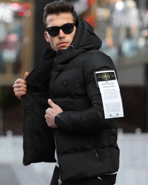 Мужская зимняя куртка Stone Island черная Пуховик Стон Айленд с капюшоном Хар-260 фото
