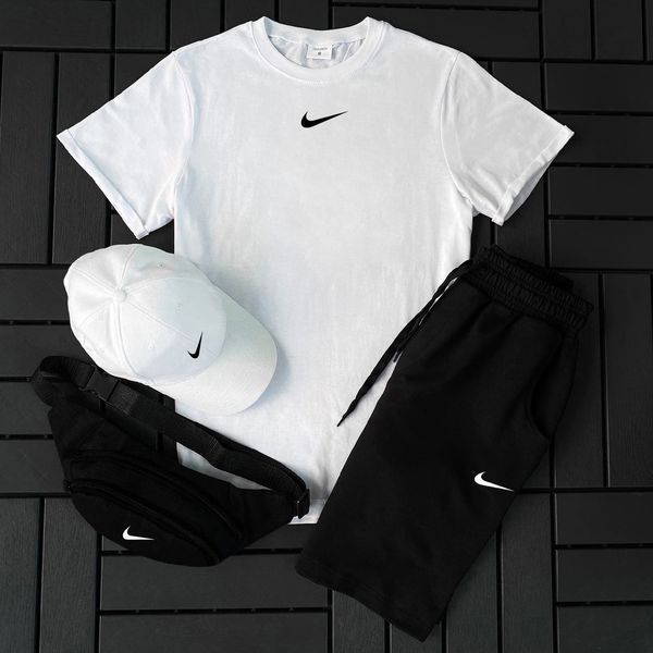 Мужской летний костюм Nike Футболка Шорты Кепка Барсетка белый с черным комплект Найк Hot-144 фото